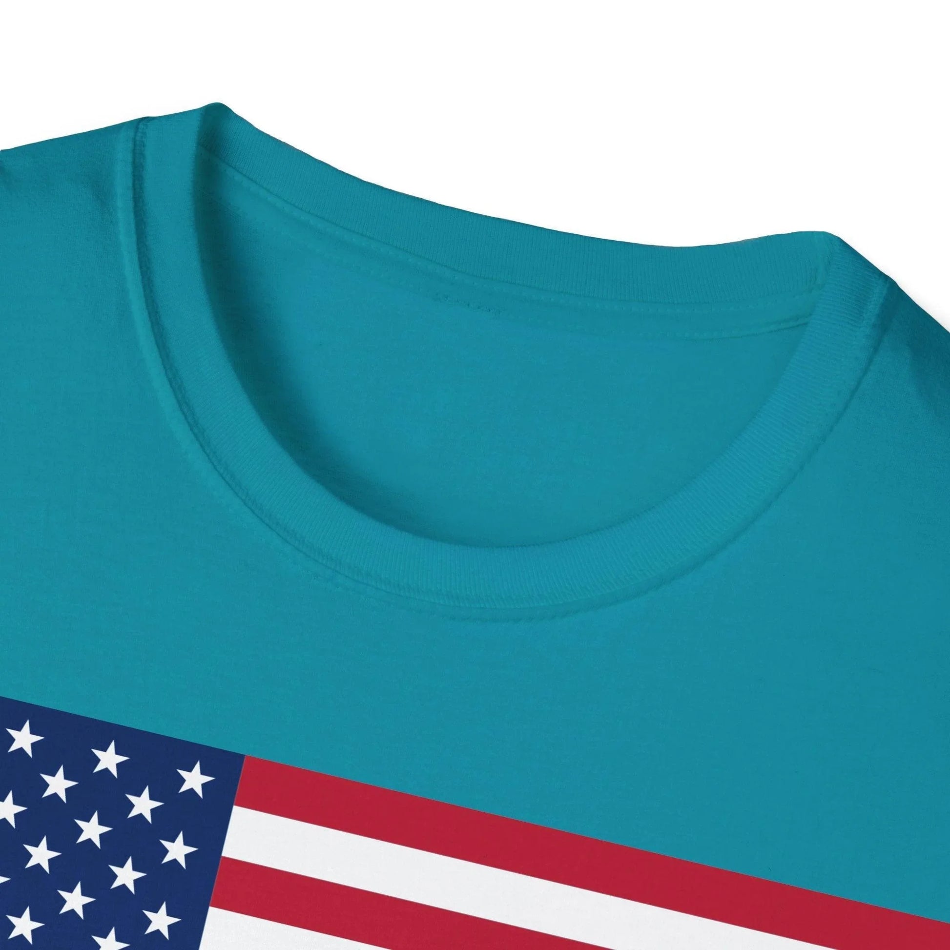 Close-up of the unisex softstyle T-shirt fabric showcasing vibrant American flag heartbeat graphic with reinforced neckline