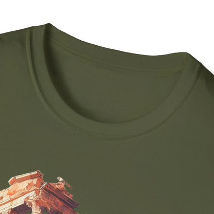 Close-up of the unisex softstyle fabric texture with subtle black heather pattern and reinforced crew neckline, showcasing