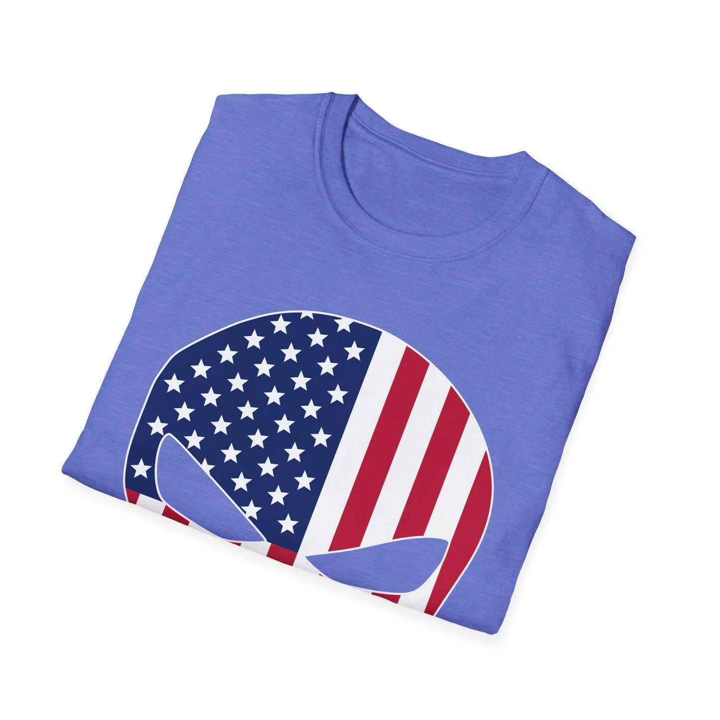 Close-up of the American Skull Flag design printed on the soft, heather navy fabric with visible stitching along the