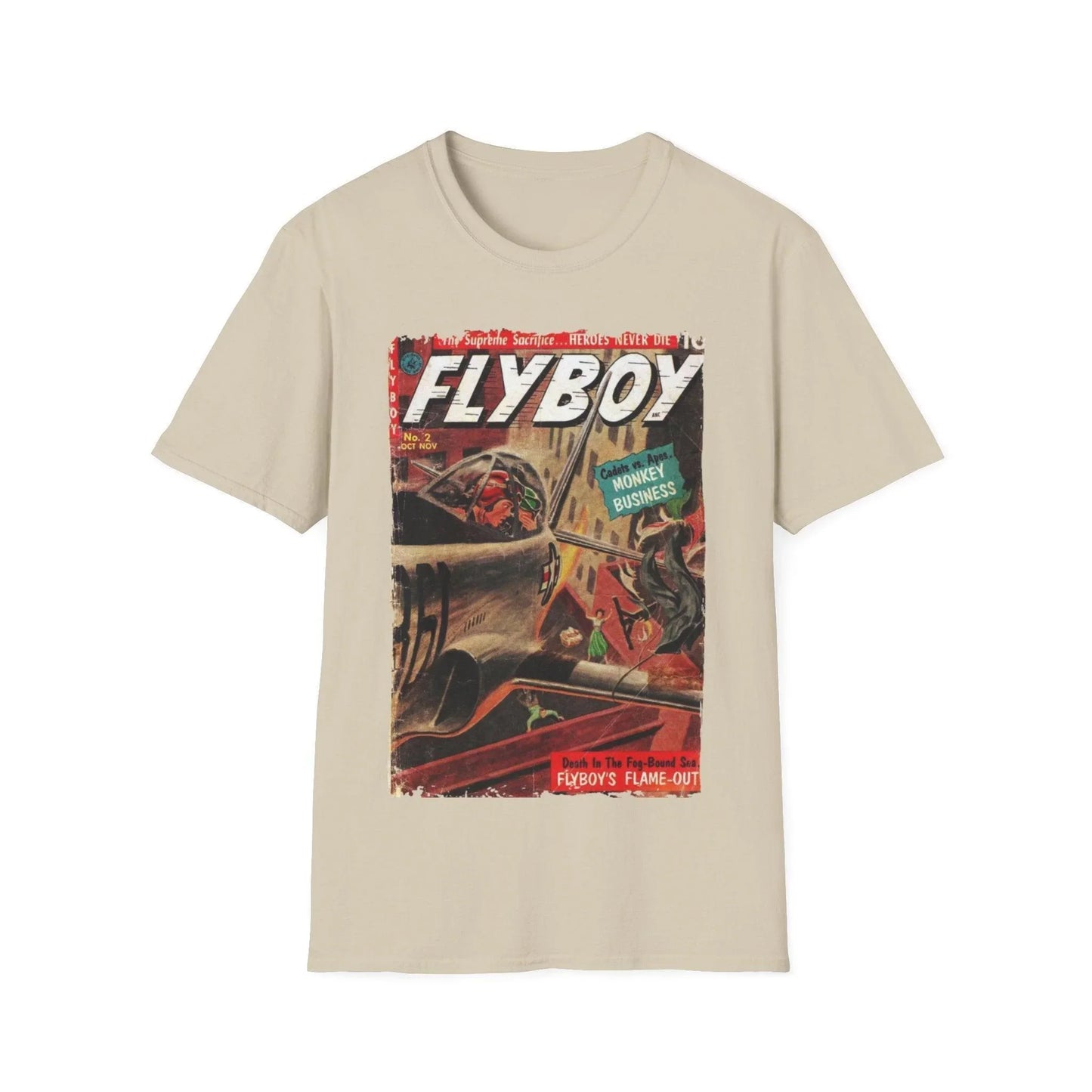 Close-up of the Flyboy No.2 unisex T-shirt neckline with reinforced stitching and faded navy color from a front angle view