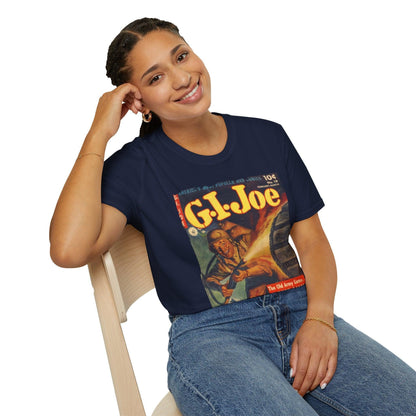 Close-up of the G.I. Joe No.19 unisex softstyle T-shirt's vibrant graphic print on the front chest area.