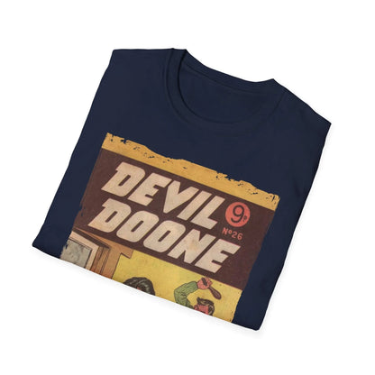 Close-up of the Devil Doone No.26 T-shirt fabric showing smooth, relaxed fit in vibrant black color with visible stitching