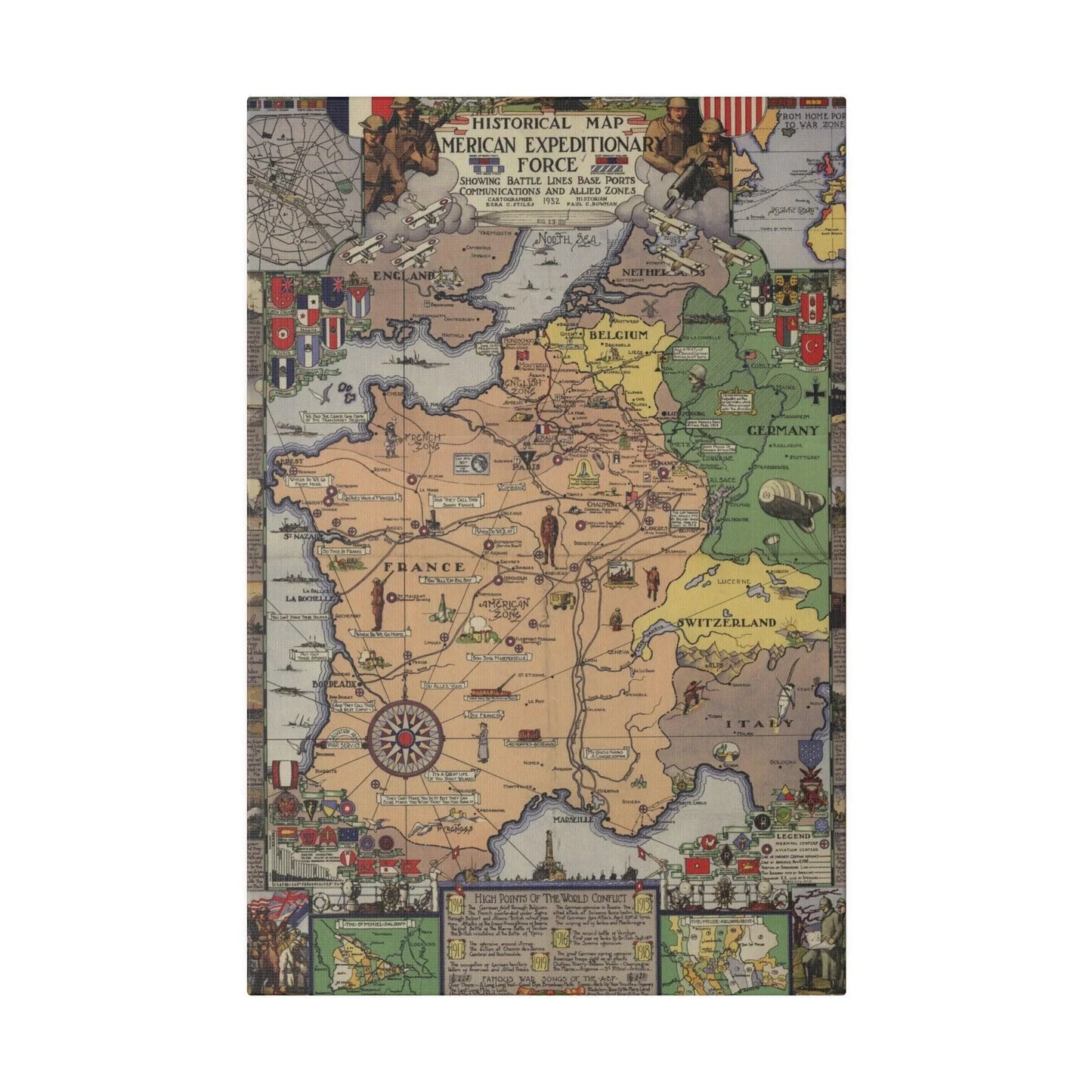 Close-up of the textured canvas surface highlighting subtle fabric weave and distressed finish of the WW1 American