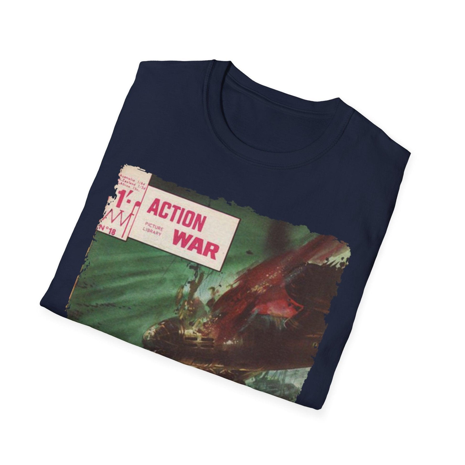 Close-up of the unisex softstyle T-shirt's tag and stitched neckline detail in classic black cotton fabric with a relaxed