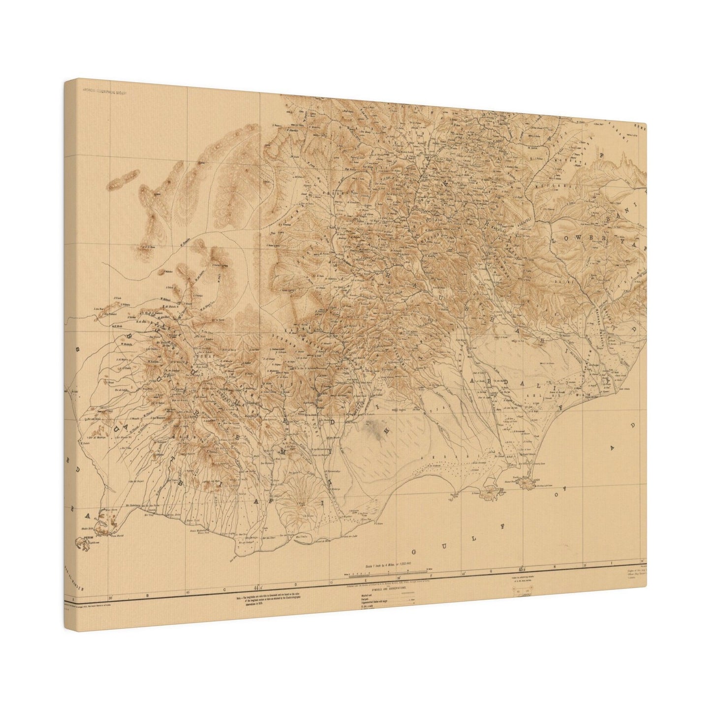 Close-up of detailed map texture highlighting desert terrain and subtle ink markings on Aden Protectorate canvas.