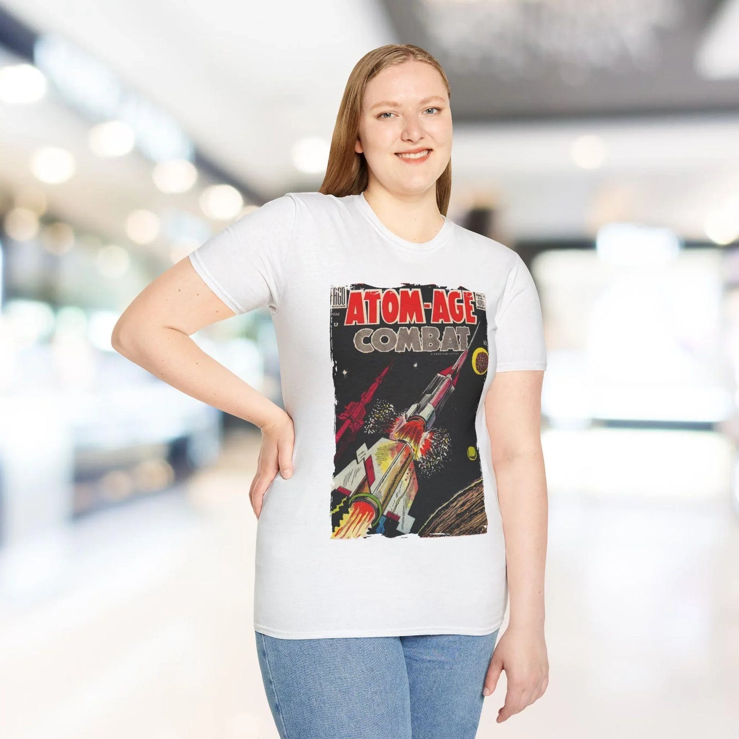 Close-up of the Atom-Age Combat No.3 T-Shirt collar showcasing soft navy fabric and reinforced stitching at the neckline