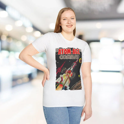 Close-up of the Atom-Age Combat No.3 T-Shirt collar showcasing soft navy fabric and reinforced stitching at the neckline