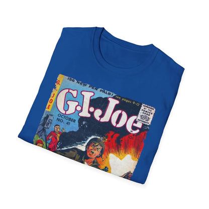 Close-up of the G.I. Joe No.41 softstyle T-shirt’s ribbed crew neckline and smooth cotton fabric texture in olive green