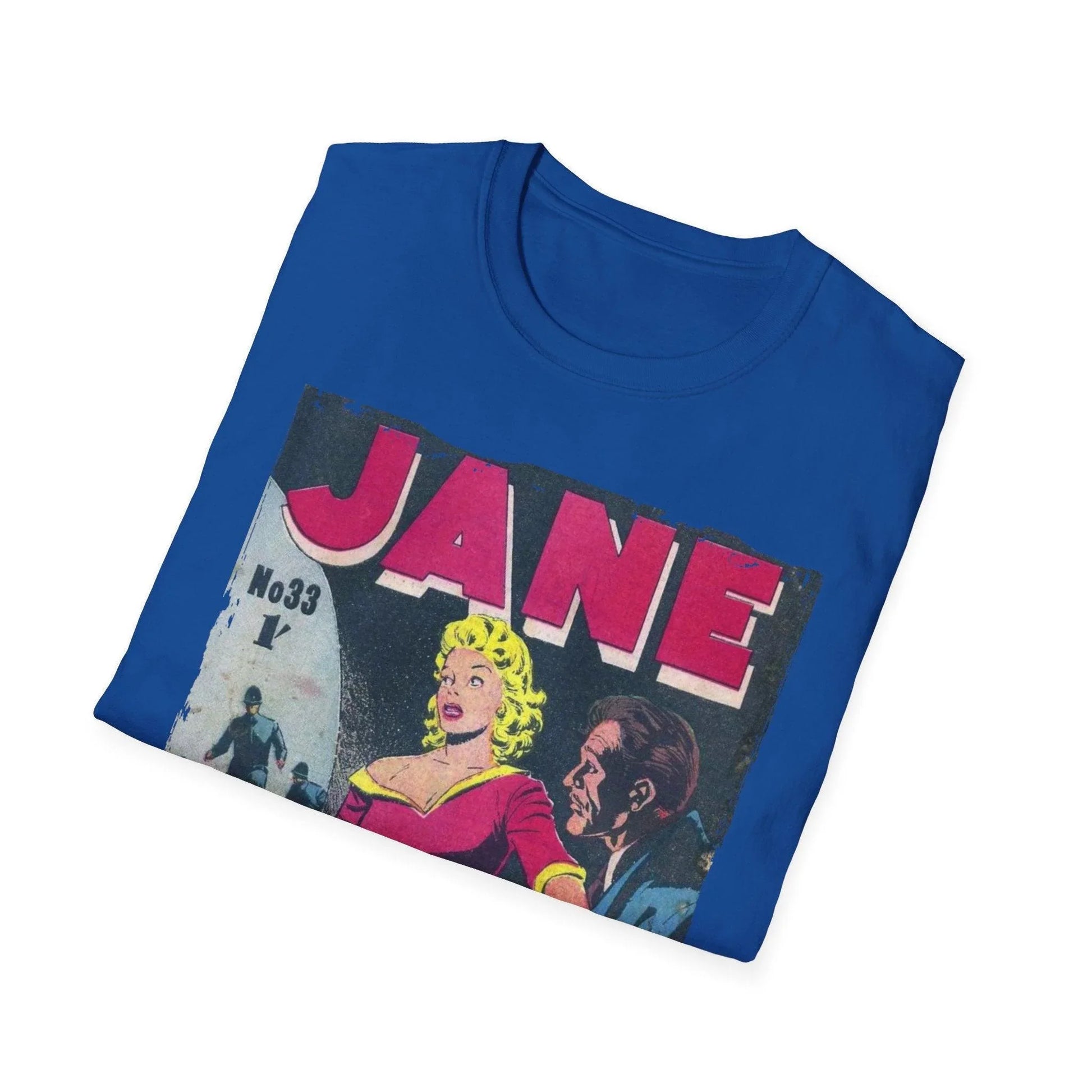 Close-up of the Jane No.33 unisex softstyle T-shirt tag, highlighting the stitched label and fabric texture in vibrant navy