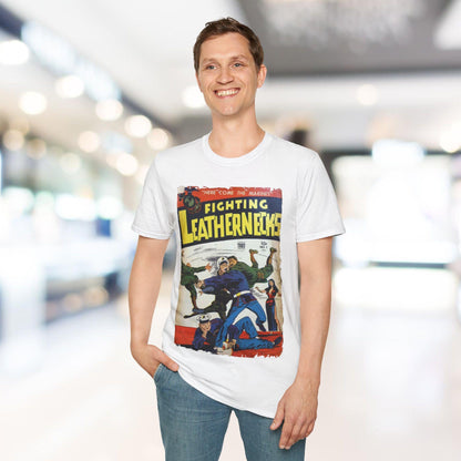 Close-up of the unisex softstyle fabric's smooth navy blue surface highlighting the relaxed fit neckline and subtle