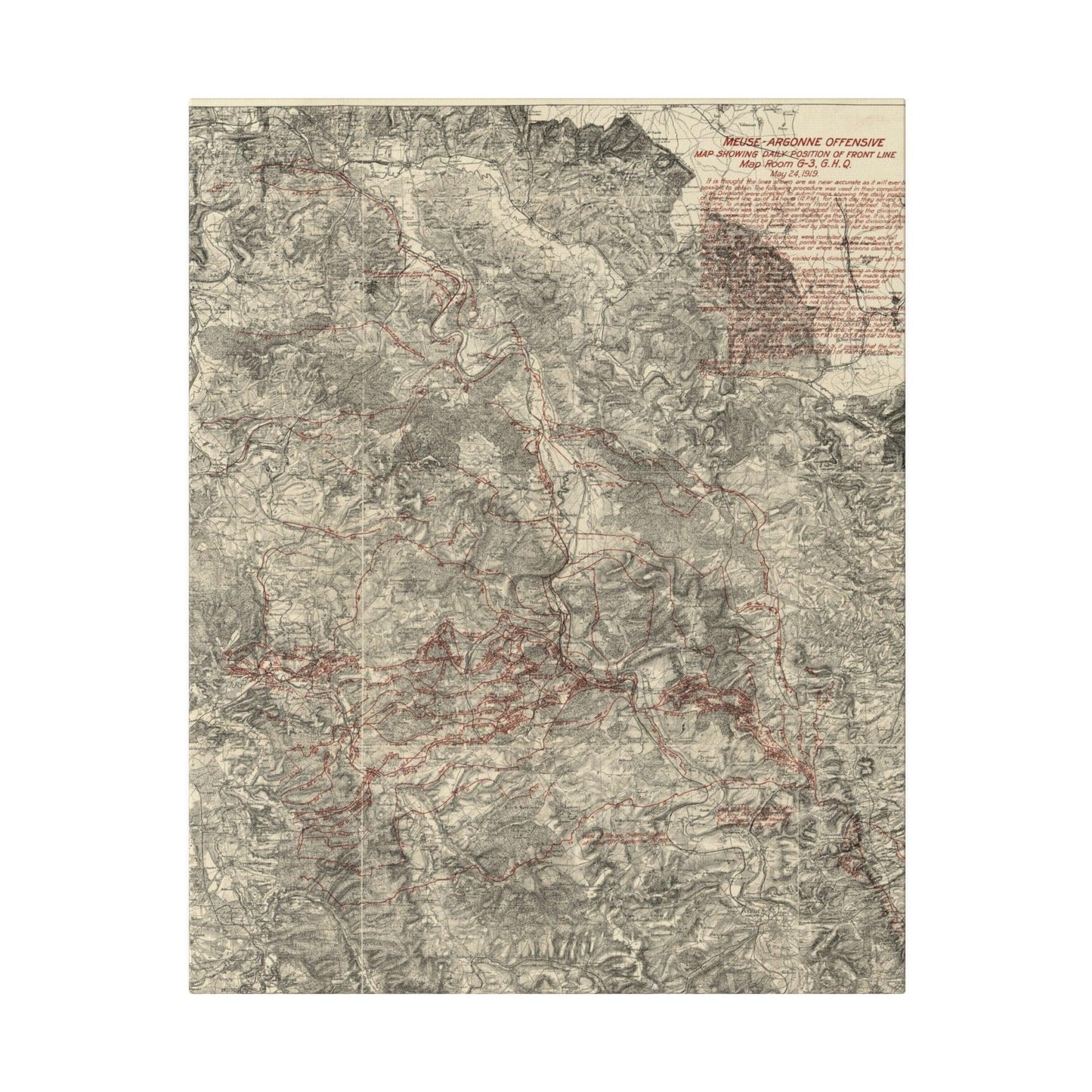 Close-up of detailed handwritten annotations on the May 24, 1919 map room G-3, highlighting wartime strategic notes and