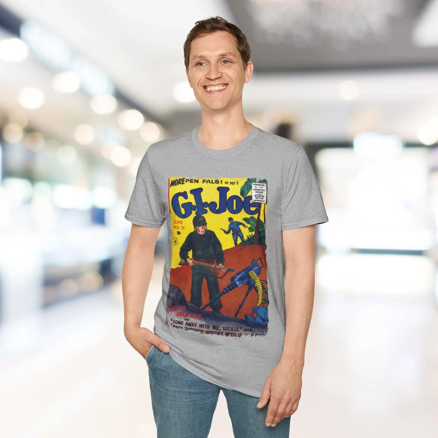 Close-up of the G.I. Joe No.51 unisex softstyle T-shirt’s chest graphic and textured cotton fabric detail from a slightly