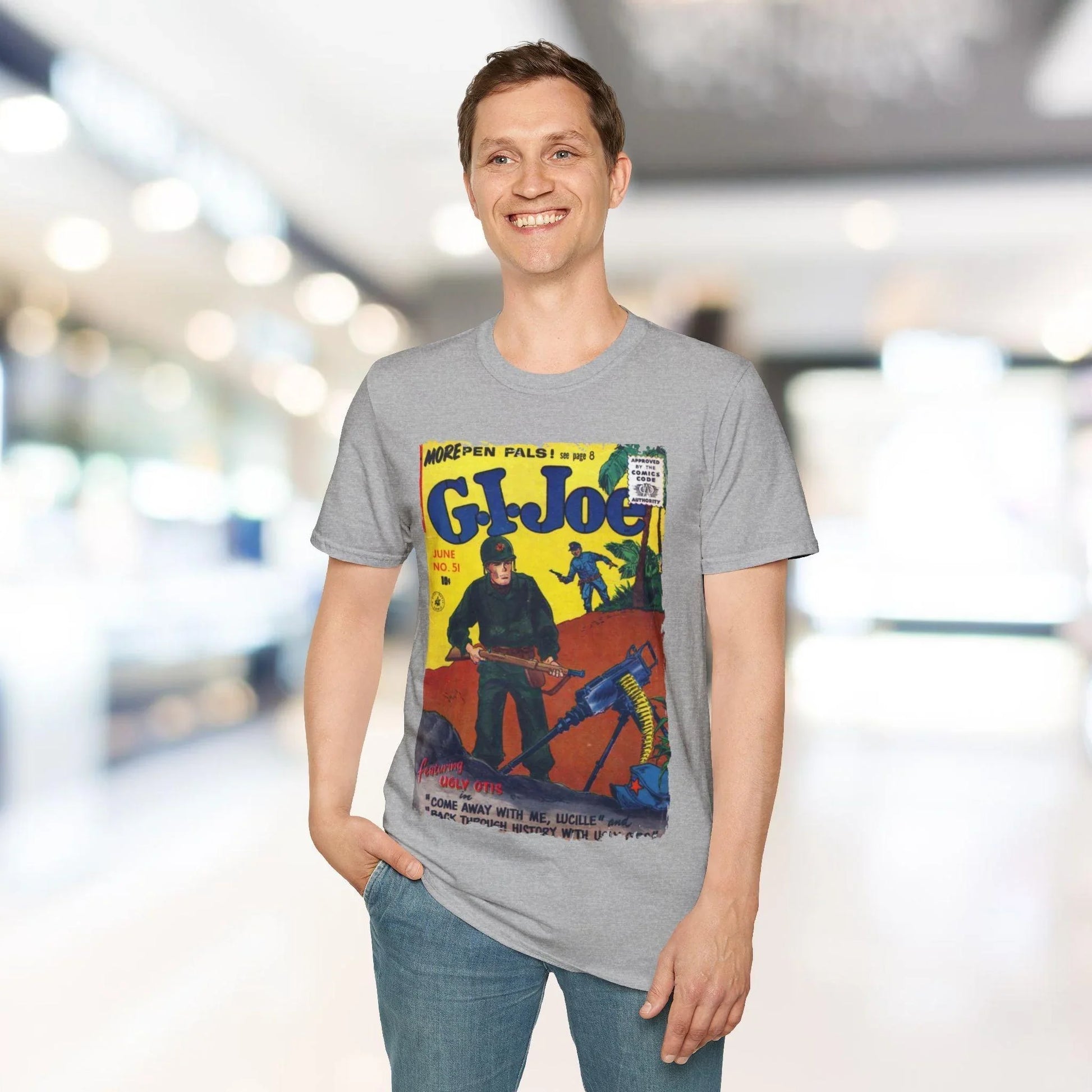 Close-up of the G.I. Joe No.51 unisex softstyle T-shirt’s chest graphic and textured cotton fabric detail from a slightly