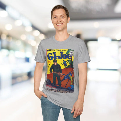 Close-up of the G.I. Joe No.51 unisex softstyle T-shirt’s chest graphic and textured cotton fabric detail from a slightly