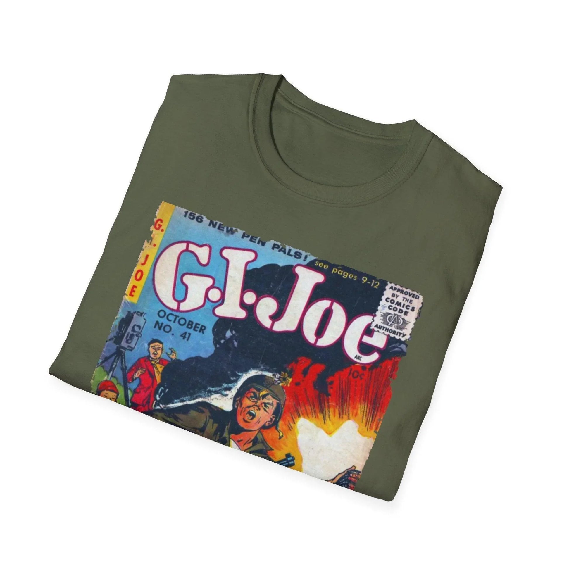 Close-up of the G.I. Joe No.41 softstyle T-shirt’s narrow crew neckline with reinforced stitching in bold red color.