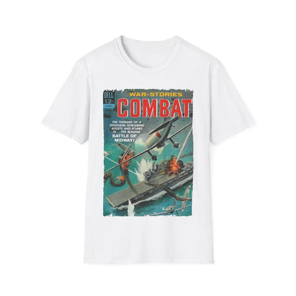 Close-up of the Combat Dec 1963 unisex softstyle T-shirt’s crew neckline with visible stitching and smooth cotton fabric