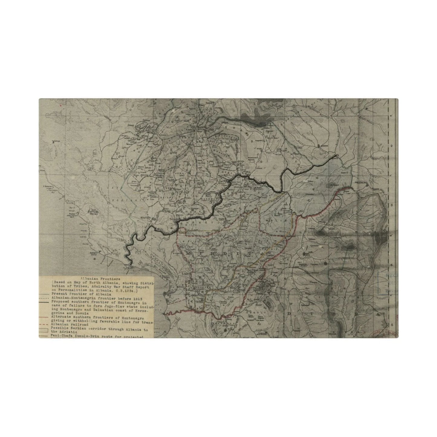 Close-up of textured canvas surface highlighting the detailed 1916 Admiralty War Staff illustration and aged finish.