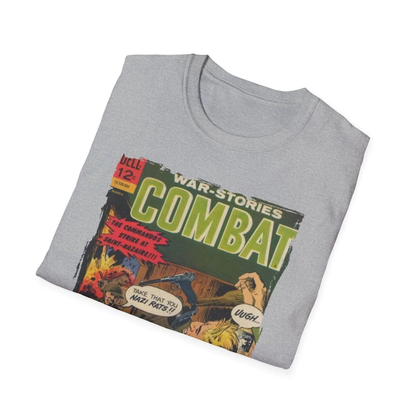 Close-up of the Combat March 1966 unisex softstyle T-shirt's vibrant printed graphic on the chest, showcasing detailed