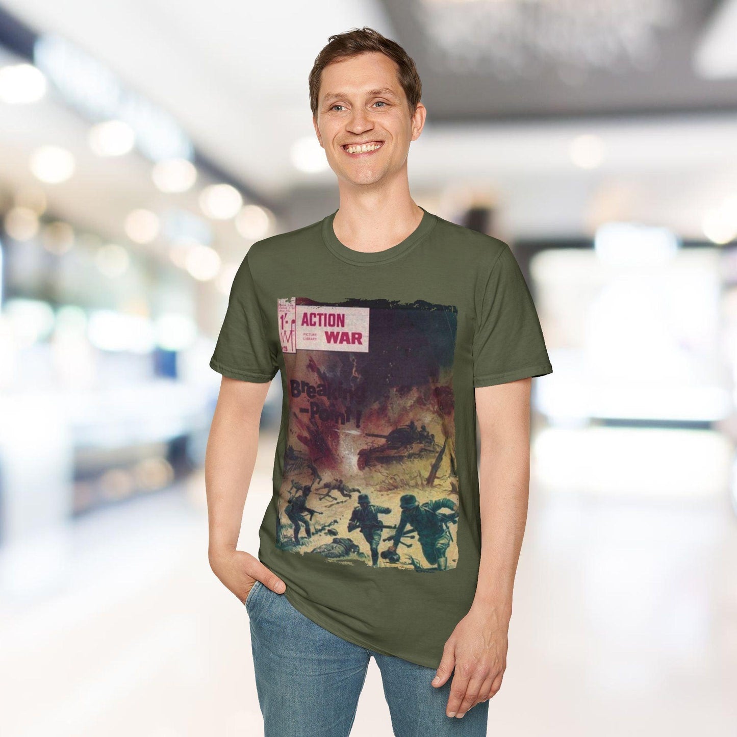 Close-up of the unisex softstyle T-shirt's smooth fabric texture and subtle stitching along the relaxed crew neckline.