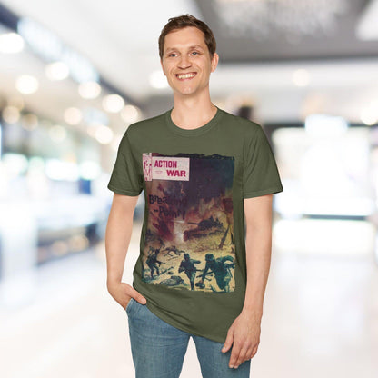 Close-up of the unisex softstyle T-shirt's smooth fabric texture and subtle stitching along the relaxed crew neckline.