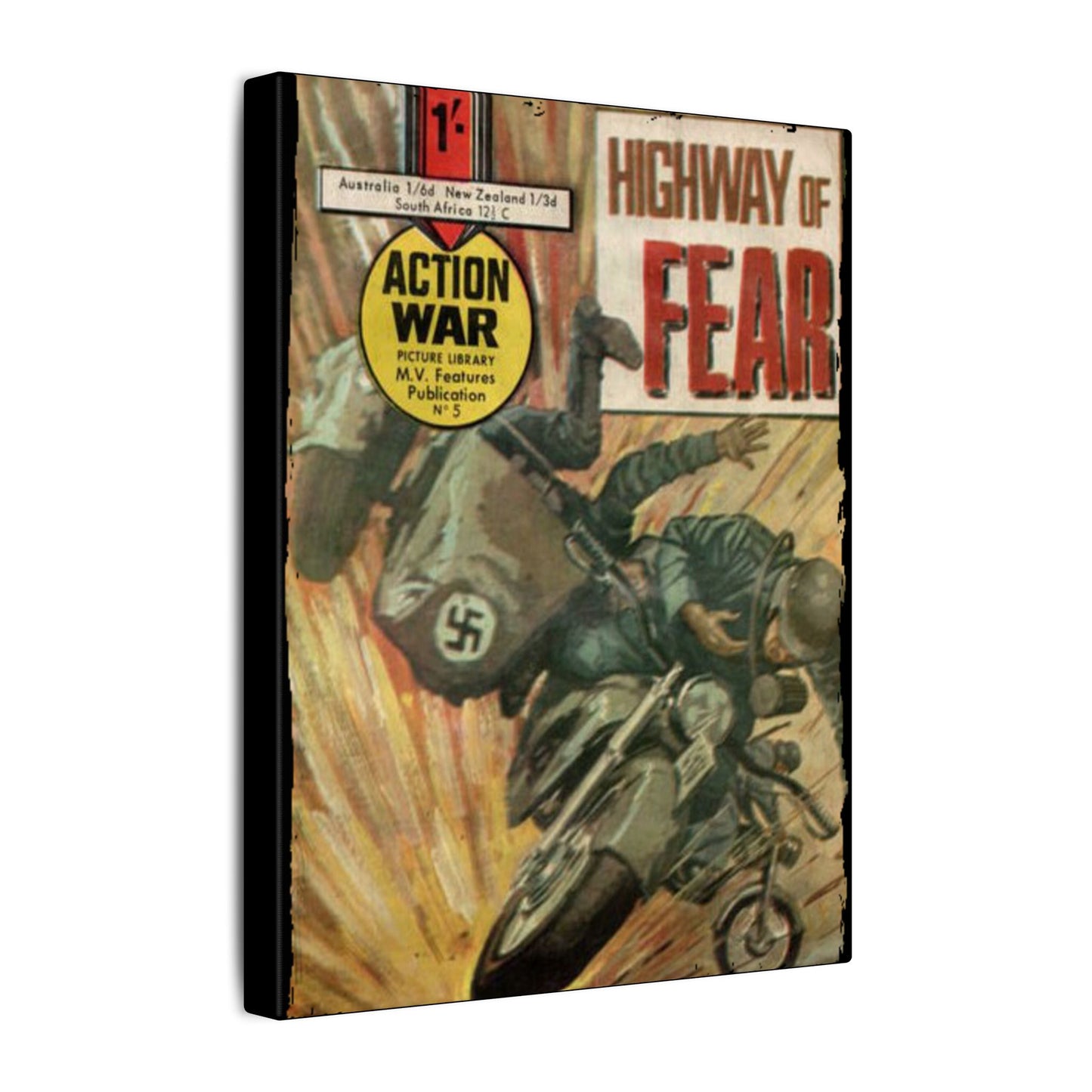 Close-up of the Action War #5 canvas emphasizing textured print detail and vibrant color saturation at a slight diagonal