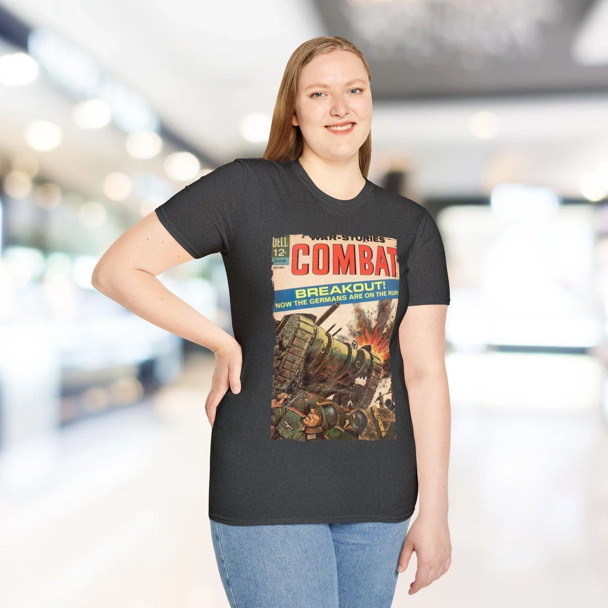 Close-up of the Combat Sept 1964 unisex softstyle T-shirt fabric showing smooth cotton blend texture and vibrant navy color