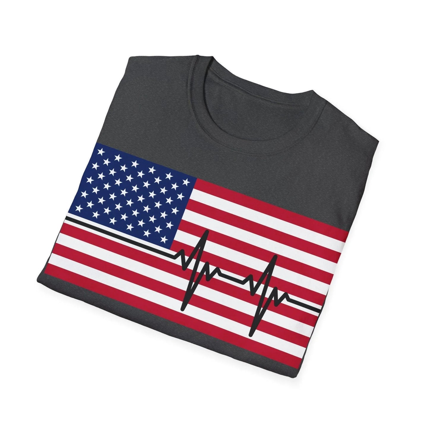 Close-up of the soft, heathered navy fabric highlighting the chest print's vibrant heartbeat and American flag design on the