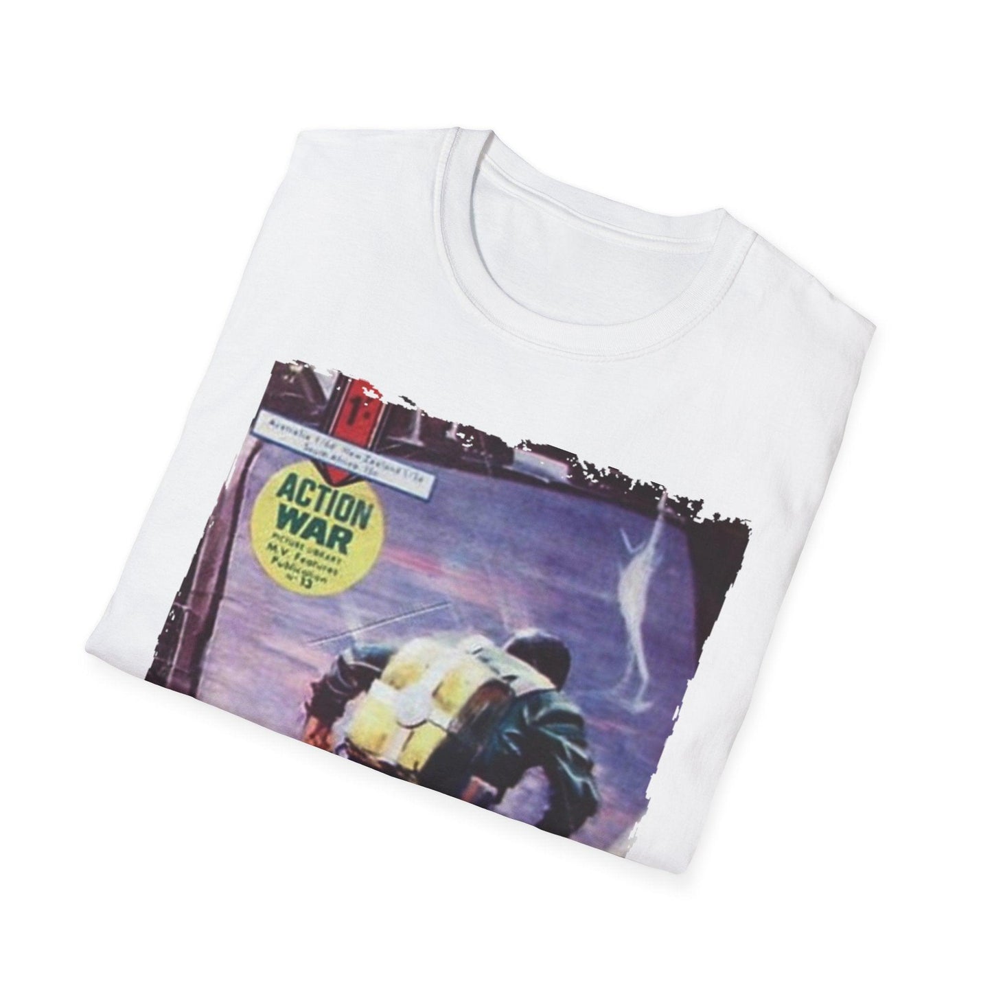 Close-up of the unisex softstyle fabric label sewn onto the heather gray T-shirt’s relaxed fit neckline detail.