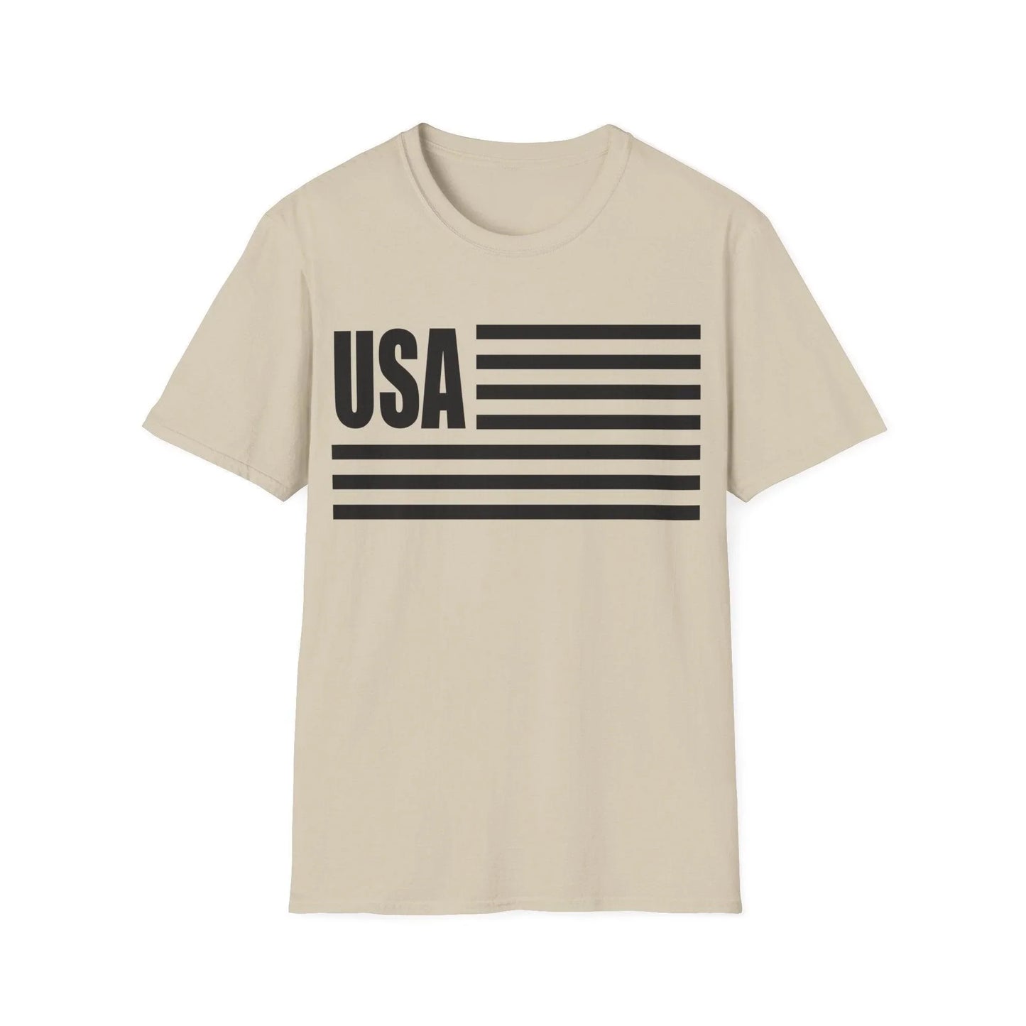 Close-up of the American flag monochrome graphic printed on black softstyle T-shirt's textured fabric, highlighting the bold