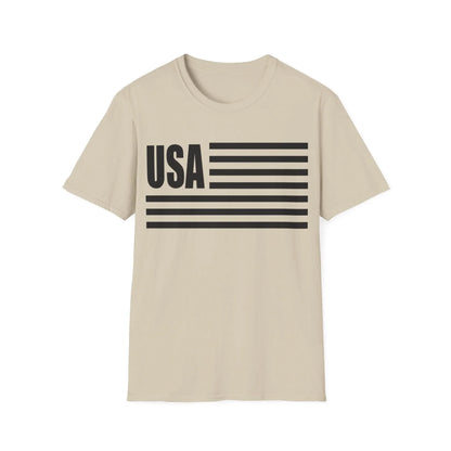 Close-up of the American flag monochrome graphic printed on black softstyle T-shirt's textured fabric, highlighting the bold