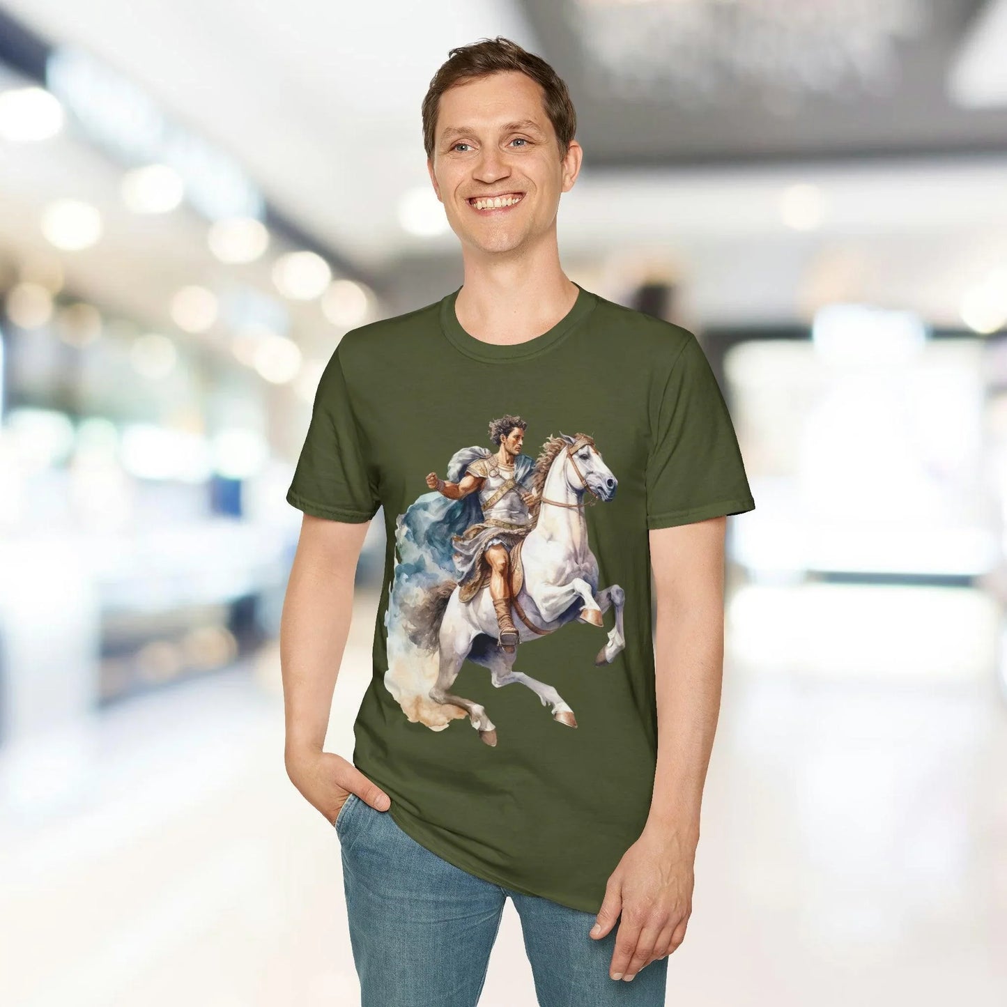 Close-up of the Ancient Mounted General T-shirt’s embroidered chest detail showcasing intricate design on relaxed fit, deep