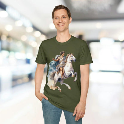 Close-up of the Ancient Mounted General T-shirt’s embroidered chest detail showcasing intricate design on relaxed fit, deep