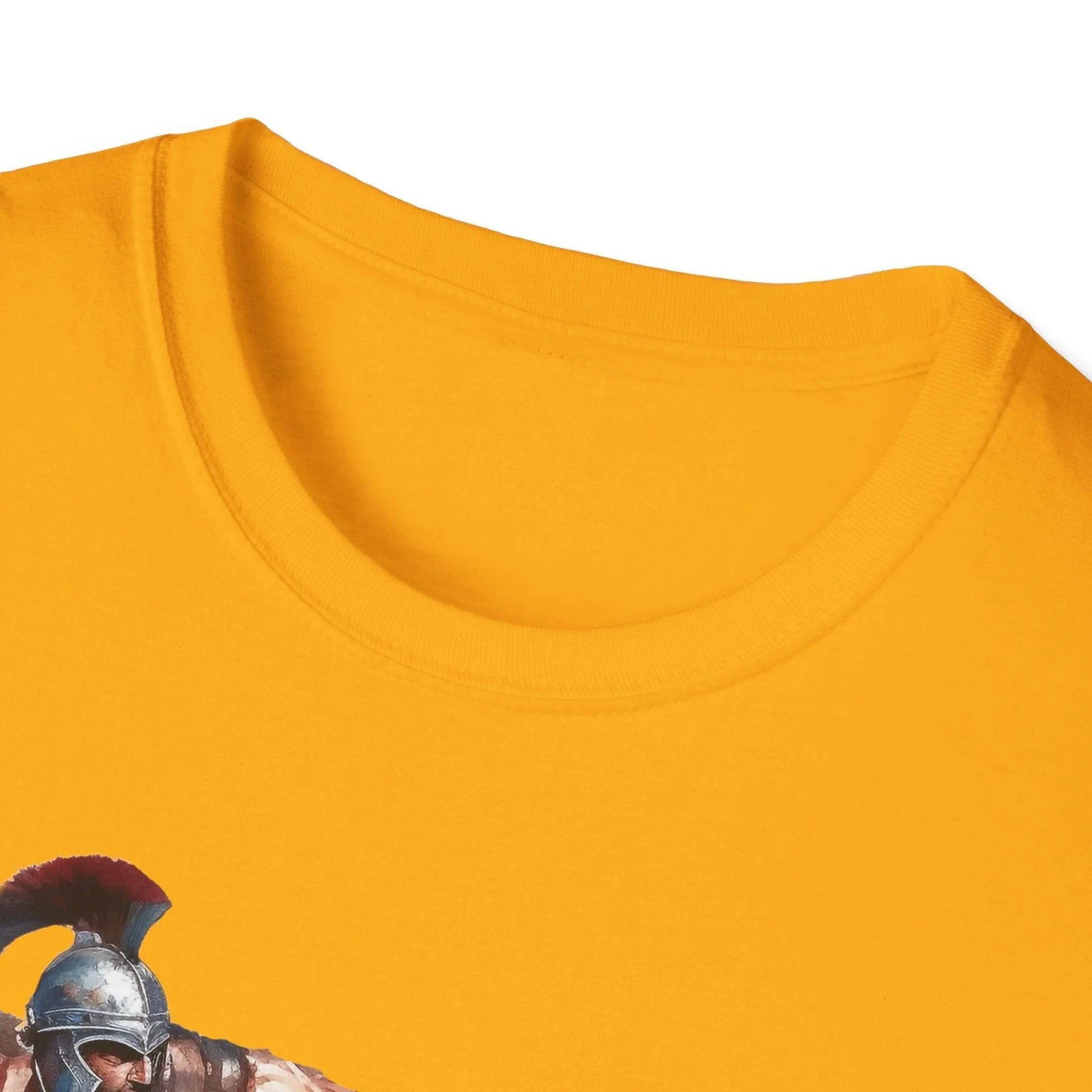 Close-up of the olive green fabric showing the relaxed fit and soft jersey texture of the Ancient Combat unisex T-shirt from