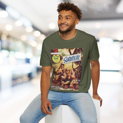 Close-up of the unisex relaxed fit, heather gray cotton-softstyle T-shirt displaying subtle neckline stitching detail from a