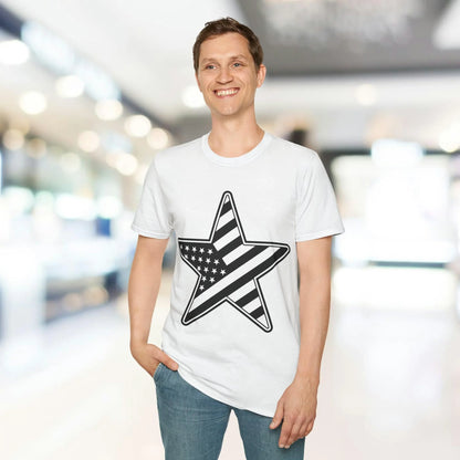 Close-up of the American Flag Star B&W printed on the chest area, highlighting the bold black and white star pattern on soft