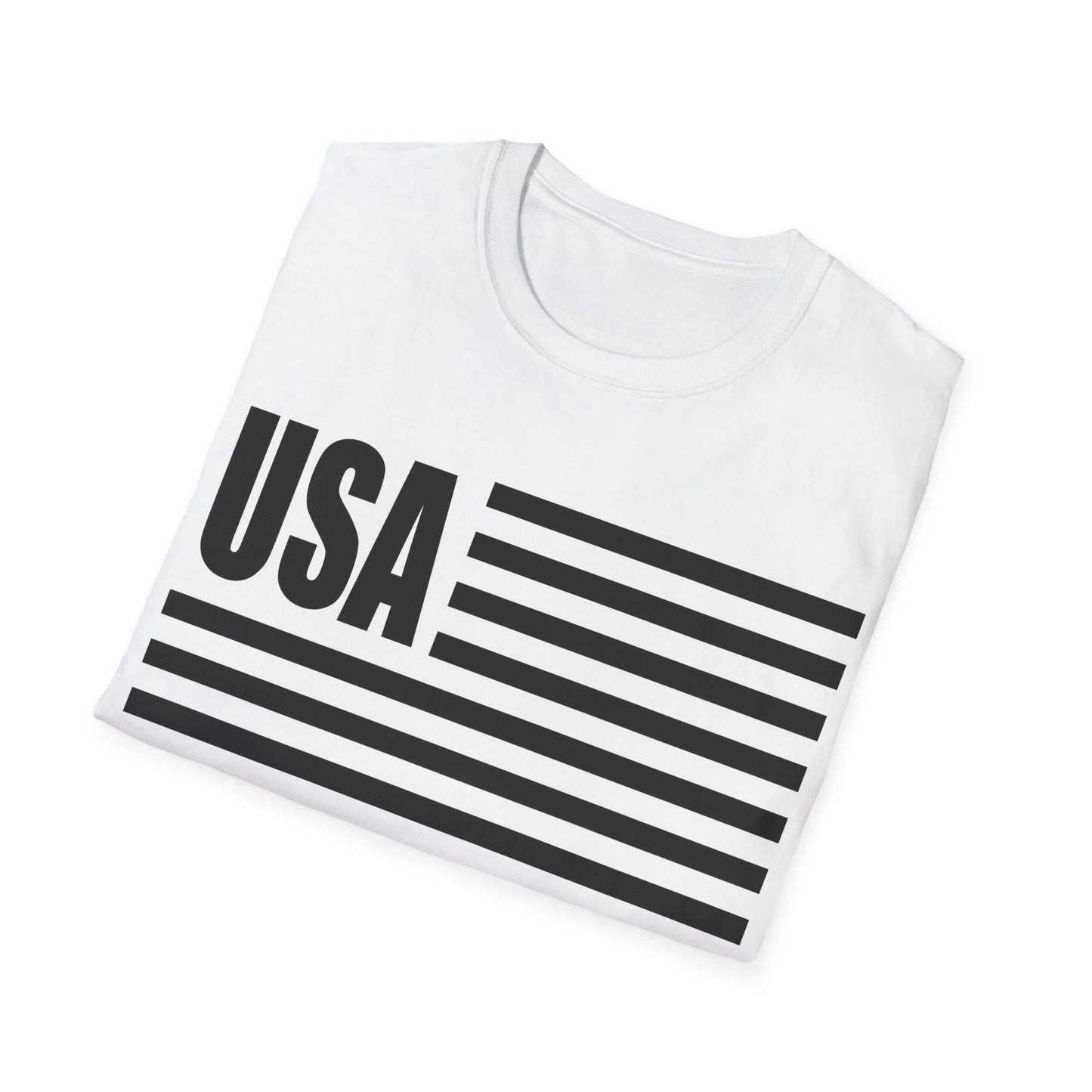 Close-up of the American Flag USA B&W T-shirt's chest embroidery and matte finish fabric, showcasing relaxed fit and crew
