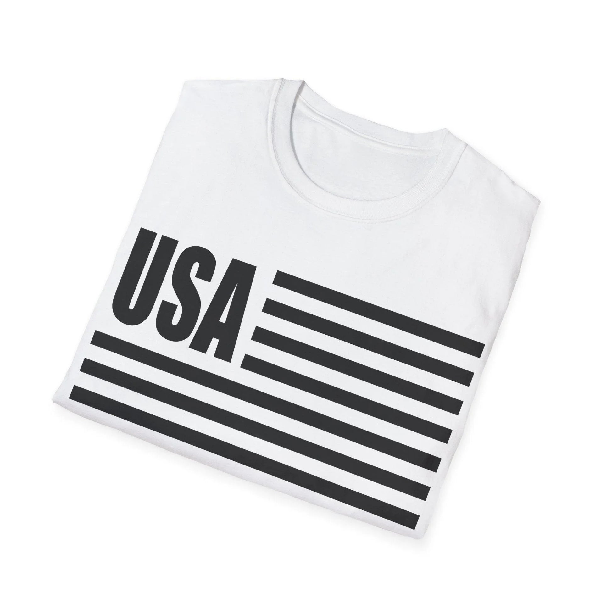 Close-up of the American Flag USA B&W T-shirt's chest embroidery and matte finish fabric, showcasing relaxed fit and crew