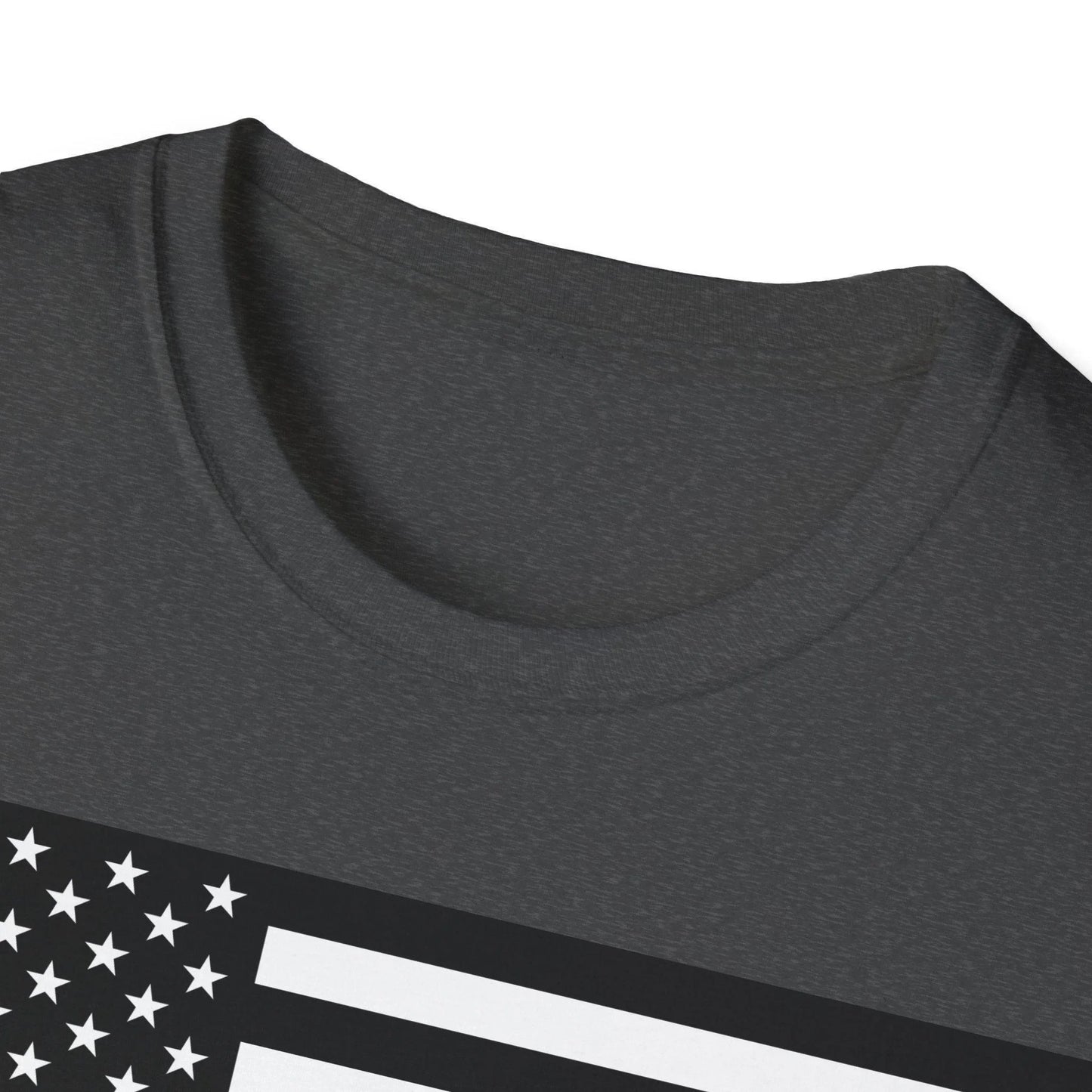 Close-up of the black and white heartbeat American flag graphic on the chest area of the unisex softstyle T-shirt