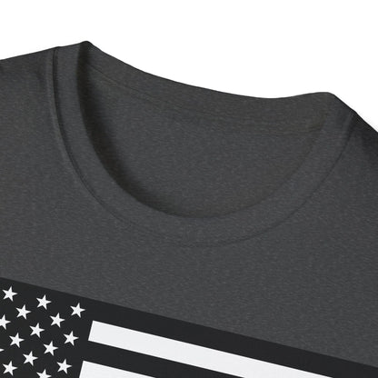 Close-up of the black and white heartbeat American flag graphic on the chest area of the unisex softstyle T-shirt