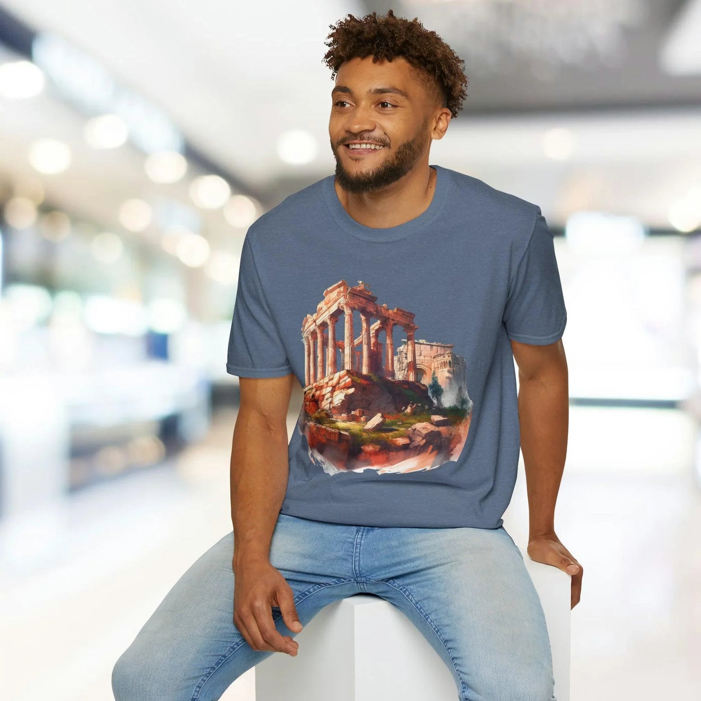 Close-up of the unisex softstyle T-shirt’s collar showing subtle stitching and fabric texture in deep navy blue from an