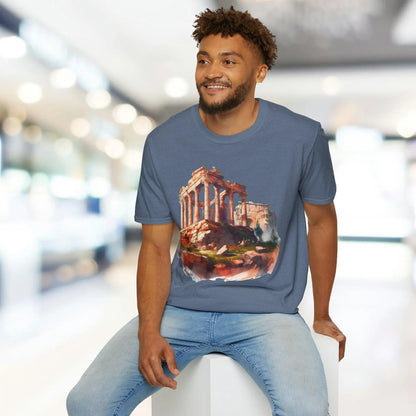 Close-up of the unisex softstyle T-shirt’s collar showing subtle stitching and fabric texture in deep navy blue from an