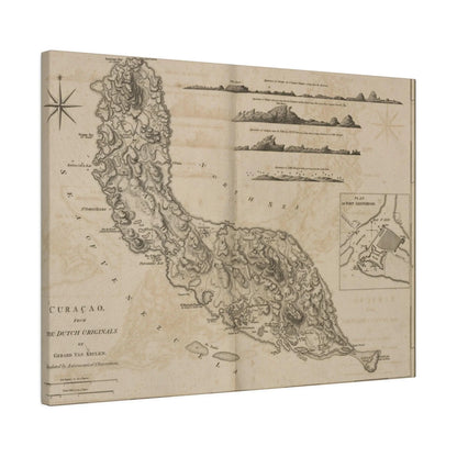 Close-up of detailed Dutch map lettering and textured canvas surface from Gerard Van Keulen's Curacao print, side