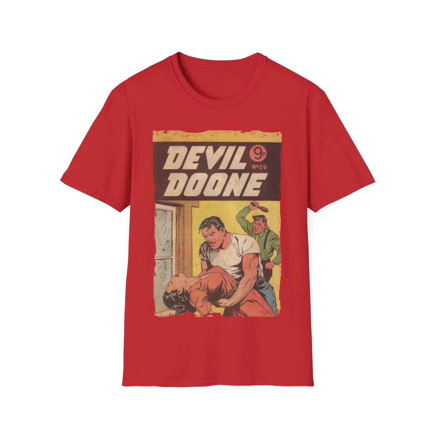 Close-up of the Devil Doone No.26 T-shirt’s printed logo on the chest, showcasing vibrant colors and detailed graphic design.