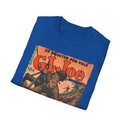 Close-up of the G.I. Joe No.36 softstyle T-shirt’s navy blue fabric featuring subtle stitching details and relaxed fit at