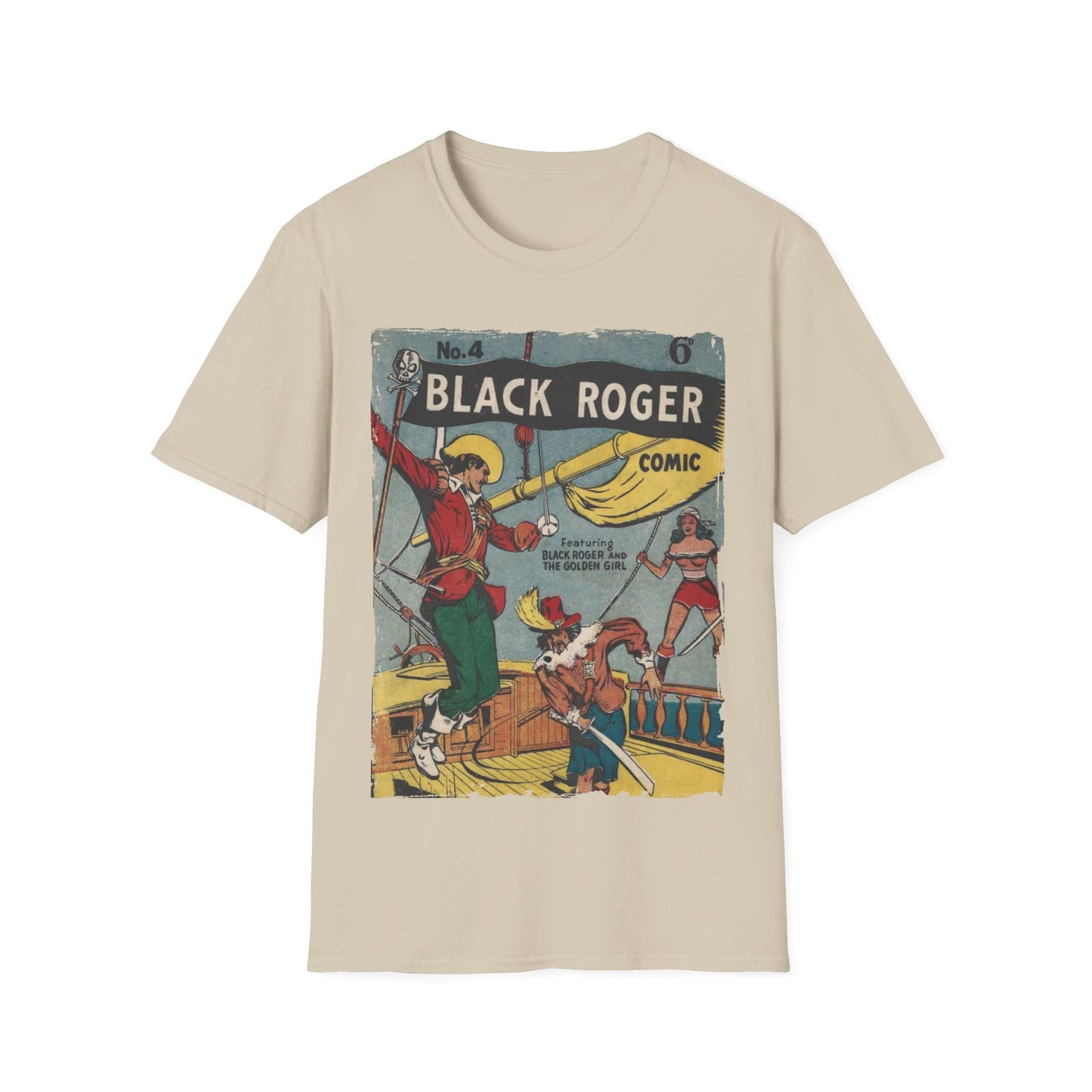 Close-up of the Black Roger No.4 unisex softstyle T-shirt’s neckline and collar stitching from a top-down angle highlighting