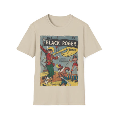 Close-up of the Black Roger No.4 unisex softstyle T-shirt’s neckline and collar stitching from a top-down angle highlighting