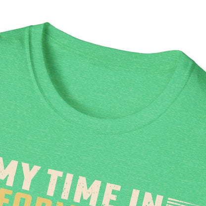 Close-up of the unisex softstyle fabric showing subtle heather texture and relaxed fit neckline detail from a front-overhead