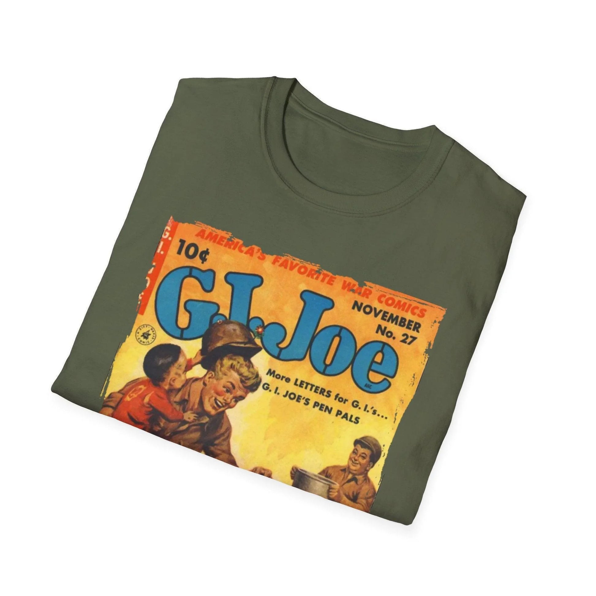 Close-up of the G.I. Joe No.27 unisex softstyle T-shirt's relaxed fit and vibrant navy color, highlighting the smooth cotton