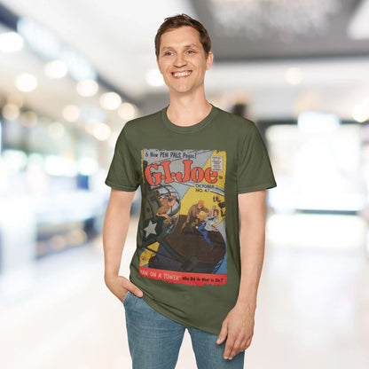 Close-up of the T-shirt neckline highlighting the soft cotton fabric and reinforced stitching on a relaxed fit, light blue