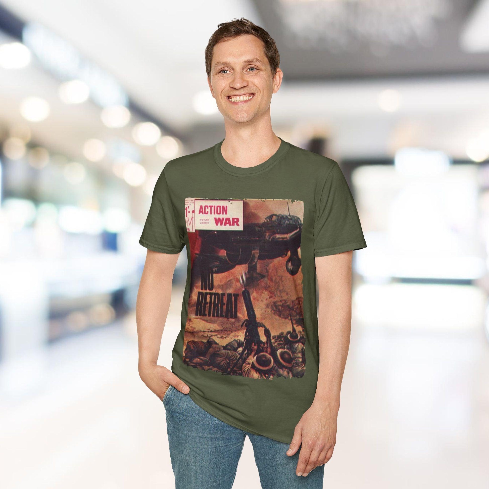 Close-up of the unisex softstyle T-shirt's smooth, heathered navy fabric highlighting its relaxed fit and crew neckline from